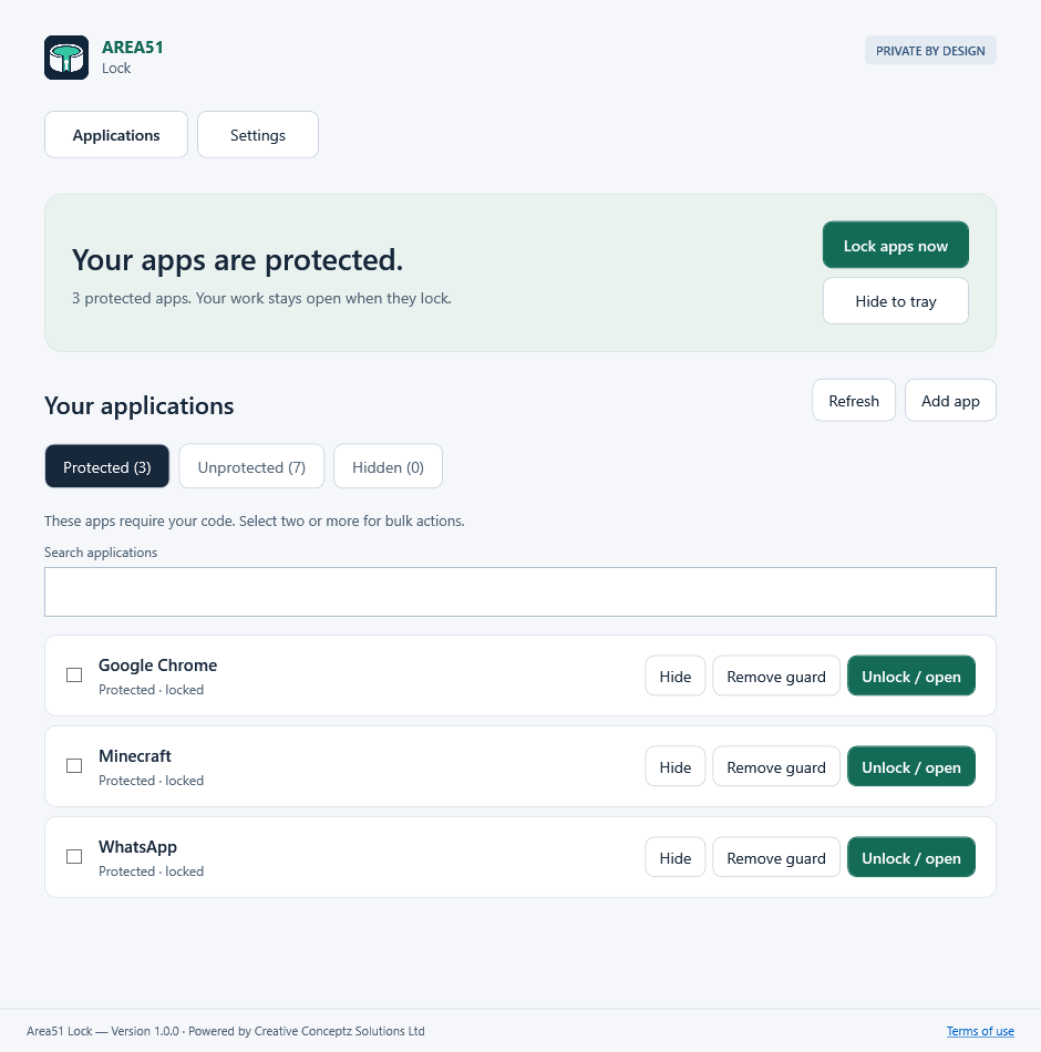 Area51’s Protected list showing Chrome, WhatsApp, Minecraft and other selected apps with Unlock / open actions
