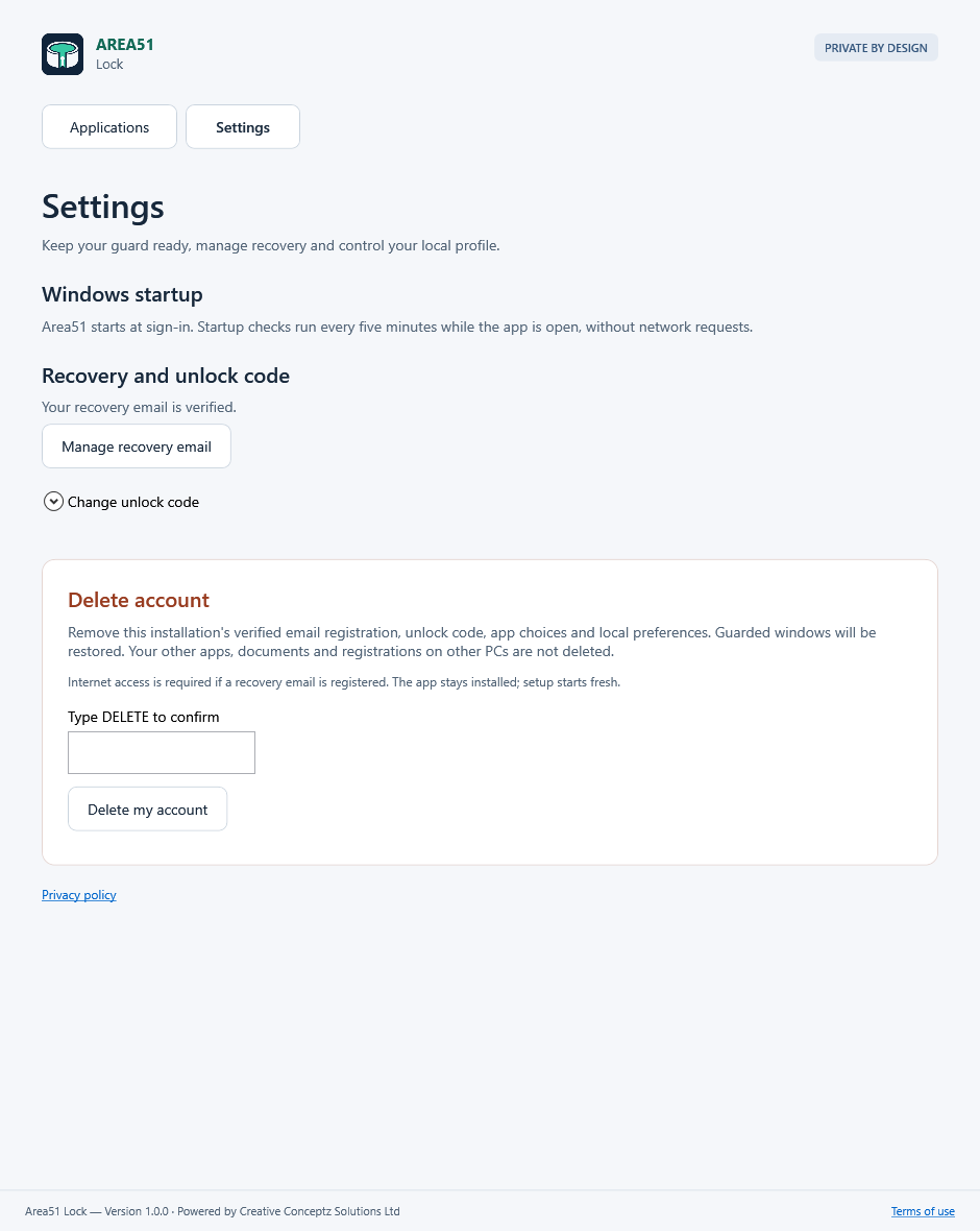 Area51 Settings with Windows startup, verified recovery email, passcode settings and account controls